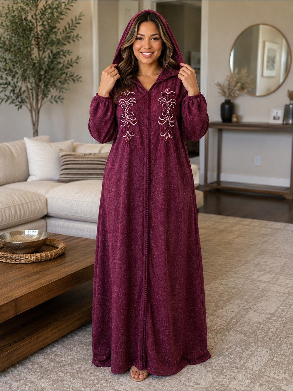 Kaftan galabiya Plush Hooded Maxi Dress Gown - Burgundy